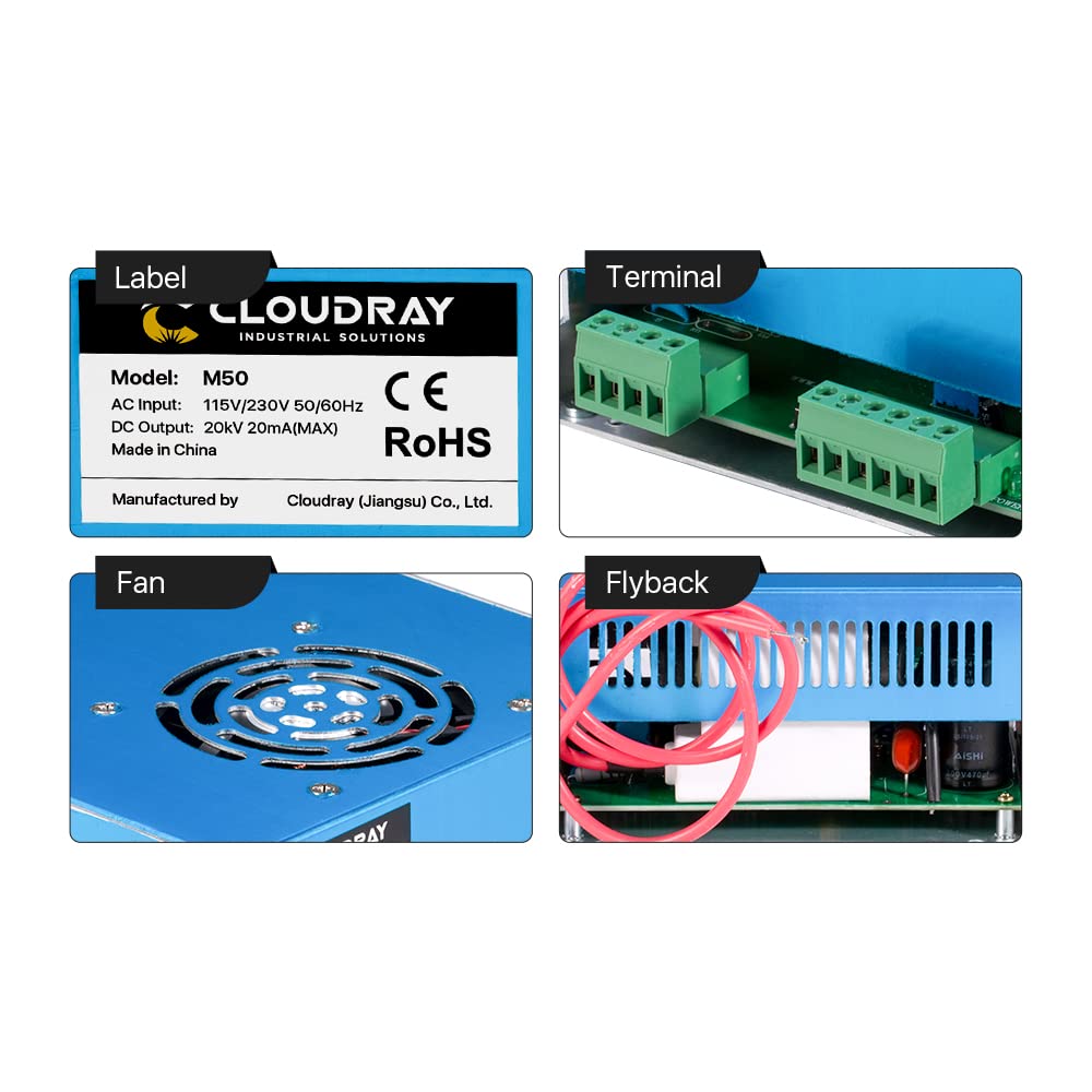 Cloudray 50W Co2 Power Supply C02 Laser Power Supply,Replacement for 50 Watt Power Supply for Laser Tube Engraving Cutting Machine (50W) - WoodArtSupply