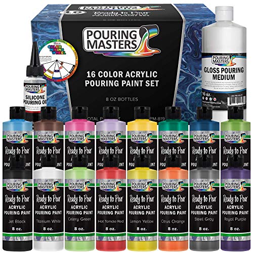 U.S. Art Supply Pouring Masters 16-Color Ready to Pour Acrylic Pouring Paint Set with Silicone Oil & Gloss Medium - Premium Pre-Mixed High Flow U.S. Art Supply