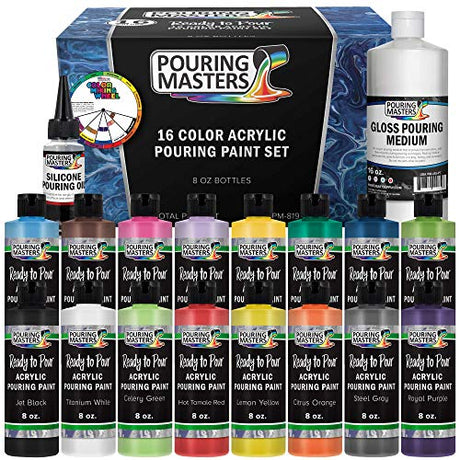U.S. Art Supply Pouring Masters 16-Color Ready to Pour Acrylic Pouring Paint Set with Silicone Oil & Gloss Medium - Premium Pre-Mixed High Flow U.S. Art Supply