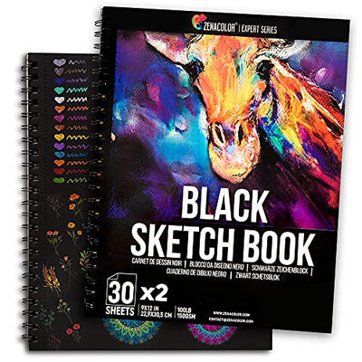 Black Sketchbook (Pack of 2, 60 Sheets) 9X12” - Heavyweight Paper 150GSM / 100 lbs, Perfect for Graphite & Colored Pencils, Charcoal, Chalk, Pack of