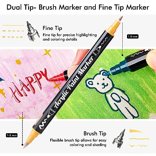 28 Metallic Colors Dual Tip Acrylic Paint Markers, Brush Tip and Fine Tip Acrylic Paint Pens for Rock Painting, Ceramic, Wood, Canvas, Plastic, Shuttle Art