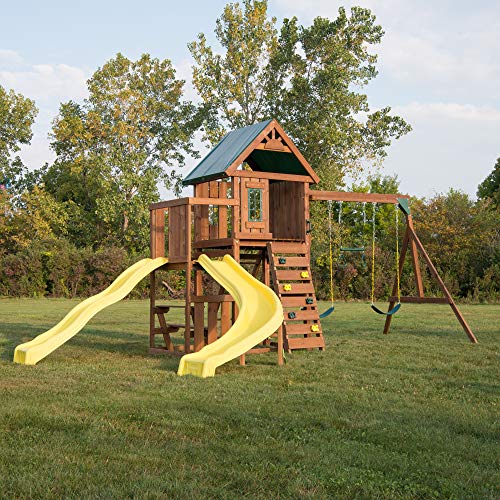 Swing-N-Slide WS 8355 Castlebrook Swing Set with Two Slides, Swings & Climbing Wall, Wood Swing-N-Slide