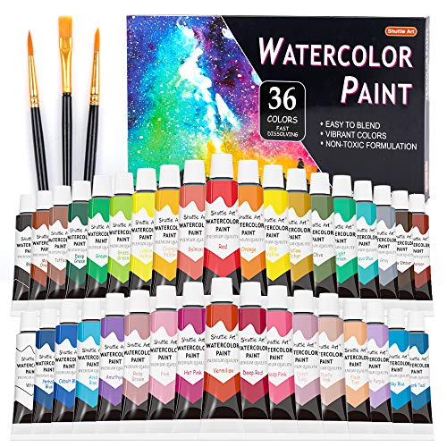 Shuttle Art Watercolor Paint Set, 36 Colors Watercolor Paint in Tubes (12ml Each) with 3 Brushes, Rich Pigment, Easy to Blend, Perfect for Kids, Shuttle Art