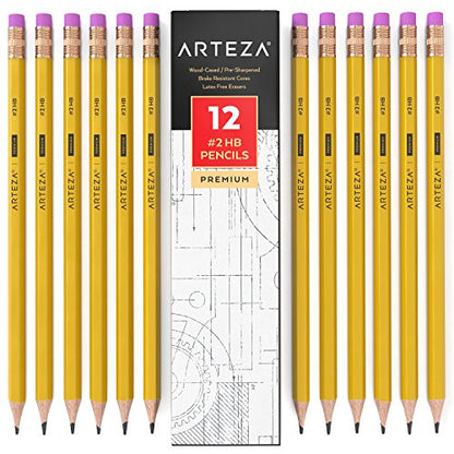 ARTEZA #2 HB Wood Cased Graphite School Pencils, Pack of 12, Bulk, Pre-Sharpened with Latex Free Erasers, Bulk, Office Supplies for Exams, School,