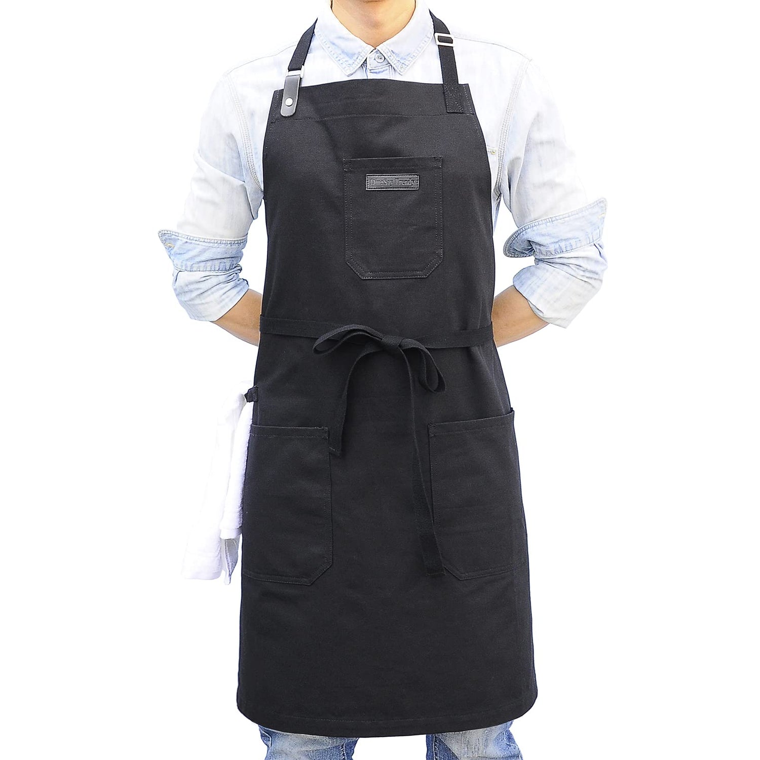 DingSay Trendy Black Cotton Kitchen Apron, Mens Womens Professional Cooking Bib Apron for Chef Grill BBQ, with Pockets Towel Loop and Adjustable Neck DingSay Trendy