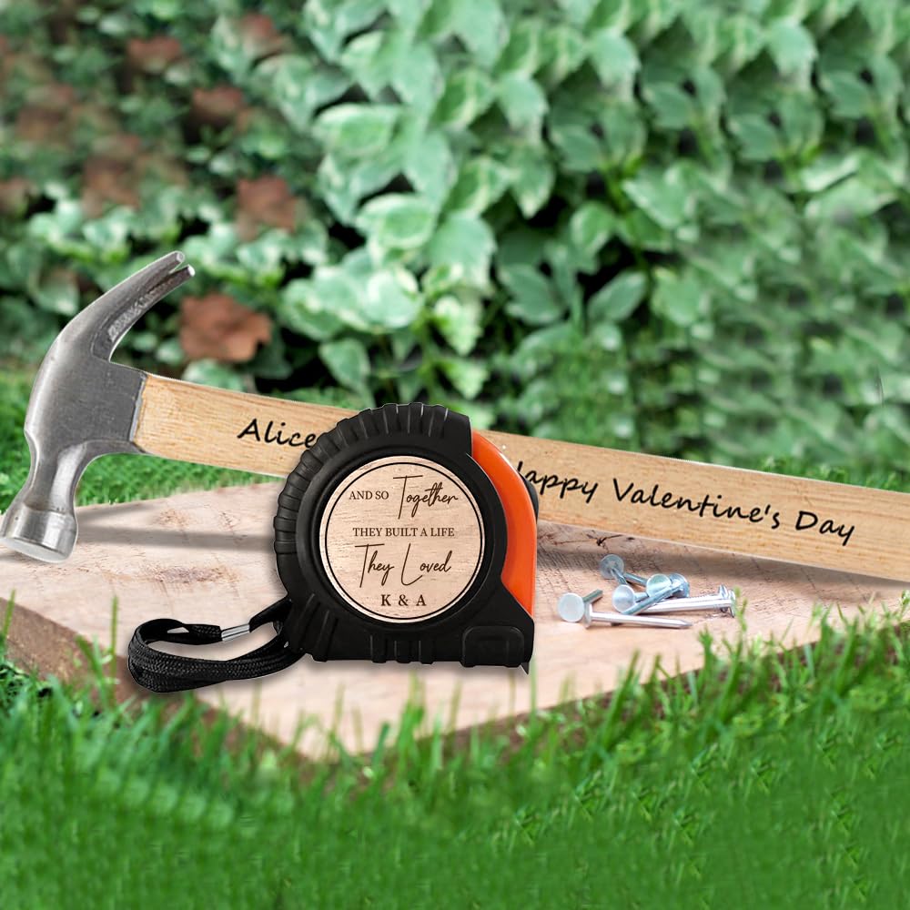 Personalized Tape Measure Hammer Set for Valentine, Customized I Love Building a Life with You Measuring Tape Wood Handle Hammer Set, Valentines Day - WoodArtSupply