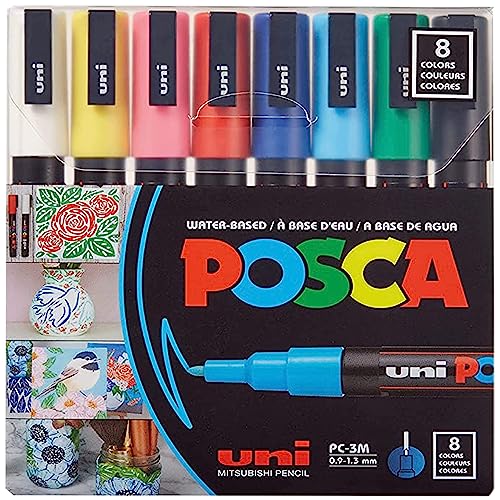 8 Posca Paint Markers, 3M Fine Posca Markers with Reversible Tips, Posca Marker Set of Acrylic Paint Pens | Posca Pens for Art Supplies, Fabric