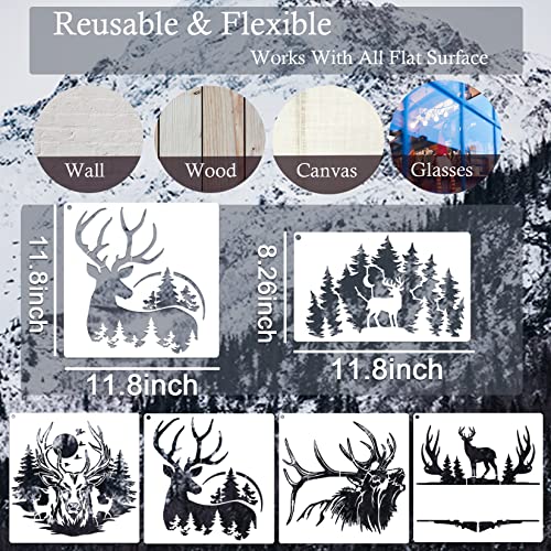 11 Pcs Deer Stencils Forest Mountain Tree Deer Head Stencils for Wood Burning Stencil Template Stencils for Painting on Wood Crafts Home Decors Huahui