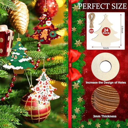 Wooden Christmas Tree Ornaments to Paint Christmas Thanksgiving Decoration Cutouts Unfinished 24PCS 3.5 x 3 inches, DIY Blank Unfinished Christmas Sophena