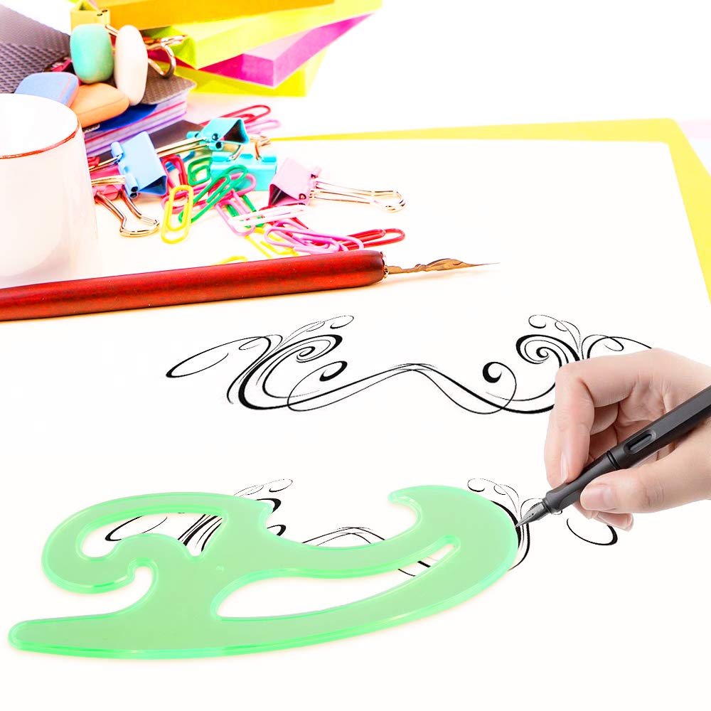 SIQUK 9 Pieces Drawings Templates French Curve Geometric Templates Measuring Rulers Clear Green Plastic Rulers for Engineering, Studying and SIQUK