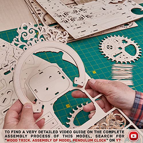 Wood Trick Pendulum Wall Clock Kit Wooden 3D Puzzles for Adults and Kids to Build - 3D Wall Clock Mechanical Model - 42x12 in - Engineering DIY Wood Trick