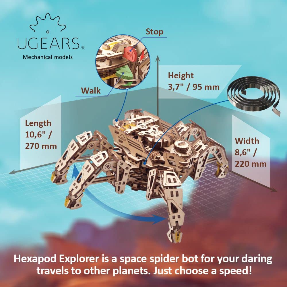 UGEARS Hexapod Explorer 3D Puzzle - Mechanical Spider Robot with Powerful Spring Motor - 3D Wooden Puzzles for Adults and Kids 3D Puzzles Wooden UGEARS