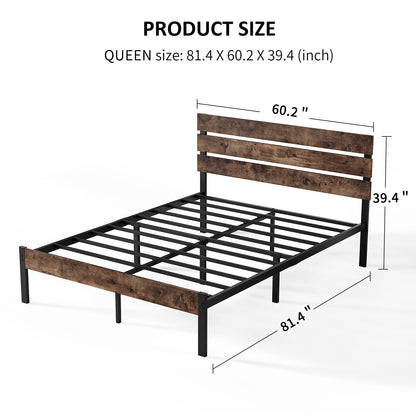 TXIYEAN Bed Frame with Wooden Headboard/Heavy Duty Metal Slats Support/No Box Spring Needed/Noise Free/Easy Assembly/Twin XL/Queen/King, Queen