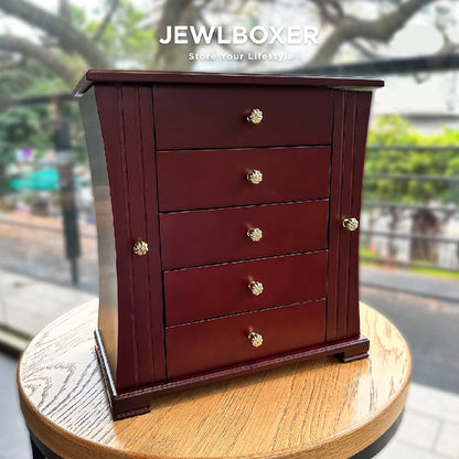 JEWLBOXER Jewelry Organizer –Tower Style Wooden Jewelry Box with 4 Drawers and Large Mirror, Ring, Necklace, and Earring Organizer,brown,walnut