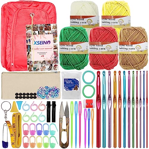 XSEINO Crochet Kit with Crochet Hooks Yarn Set - Premium Bundle Includes 5 Colors Crochet Yarn Balls, Crochet Kit, Accessories Kit, Crochet Bag and - WoodArtSupply