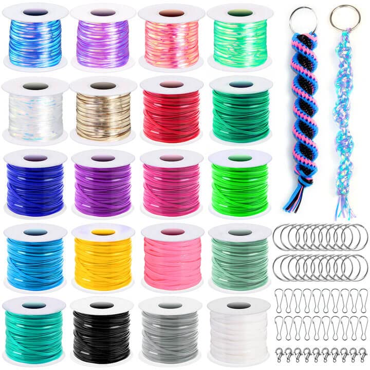 cridoz Lanyard String, Boondoggle String Kit with 20 Rolls Plastic Lacing Cord and 50Pcs Keychain lanyard Accessories, Gimp String Lanyard Weaving cridoz