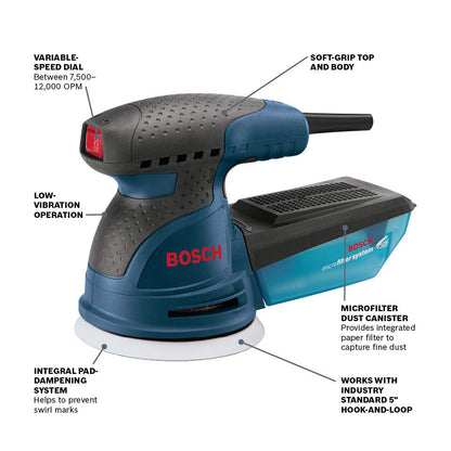 BOSCH ROS20VSC Palm Sander 2.5 Amp 5 In. Corded Variable Speed Random Orbital Sander/Polisher Kit with Dust Collector and Soft Carrying Bag, Blue - WoodArtSupply