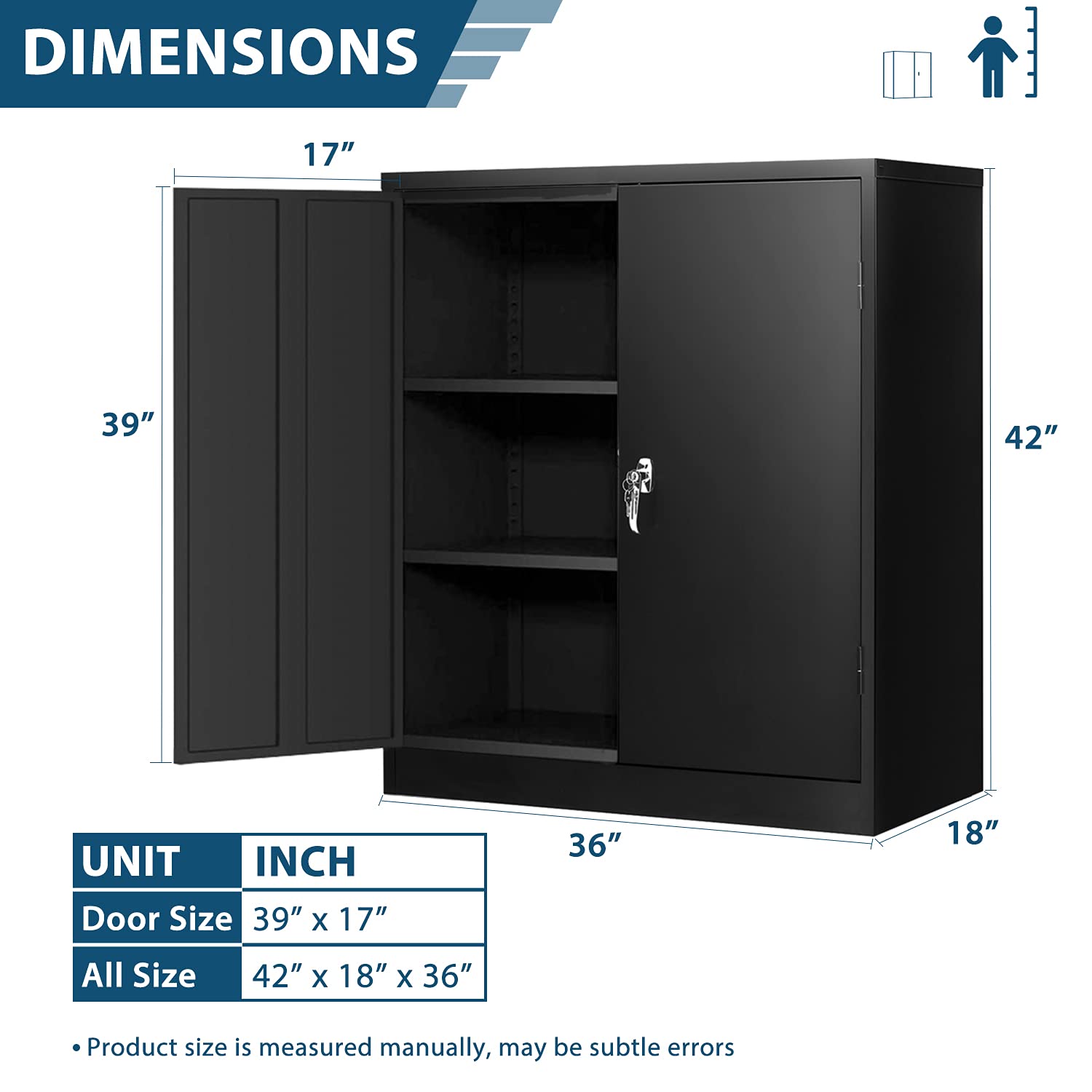 INTERGREAT 42" Metal Storage Cabinet with Locking Doors, Lockable Steel Storage Cabinet with 2 Doors and Shelves, Black Metal Cabinet with Lock, INTERGREAT