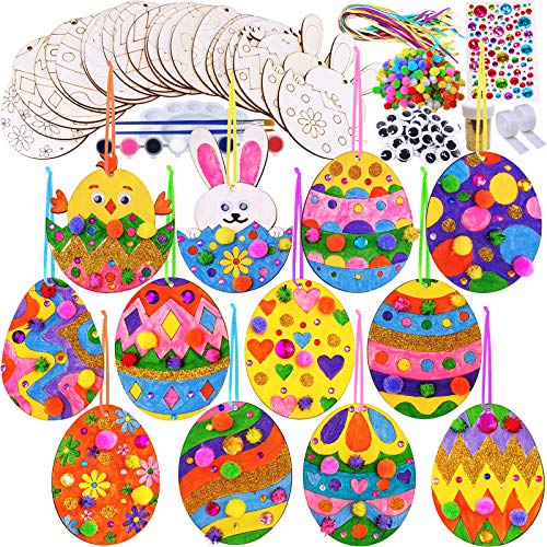 36 Sets Wooden Easter Ornaments Decorations DIY Easter Craft Kits Assorted Paintable Unfinished Wood Easter Egg Bunny Chick Ornaments for Kids Party