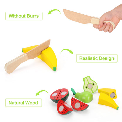 WHOHOLL Wooden Play Food with Wooden Tray & Knife, Pretend Play Cutting Food Toys, Fruits Toy Food Sets for Kids Kitchen, Mini Food Toy, Montessori - WoodArtSupply