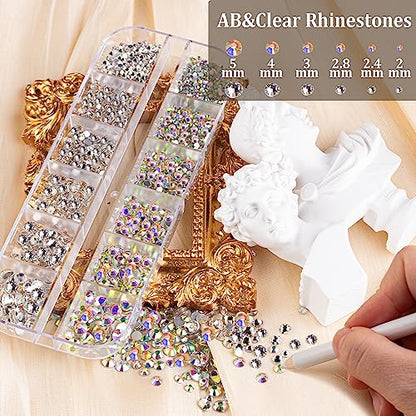 2300pcs Face Gems Flatback Rhinestone for Makeup with Glue, Round Glass Crystal AB & Clear Rhinestones, Flatback White & Beige Pearls with Tweezer + - WoodArtSupply