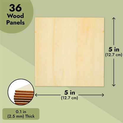 36 Pack 5x5 Wooden Squares for Crafts, Unfinished Wood Tiles for DIY Projects (0.1 in Thick)