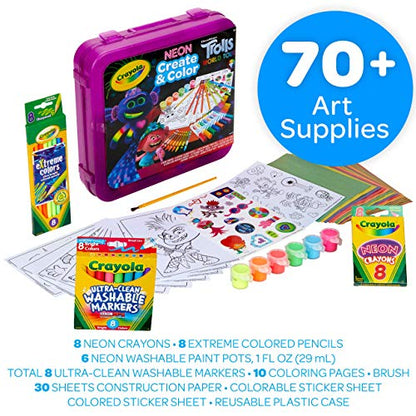 Crayola Trolls World Tour, Neon Create & Color Art Set, Over 70 Art Supplies, Gift for Kids, 5, 6, 7, 8 - WoodArtSupply