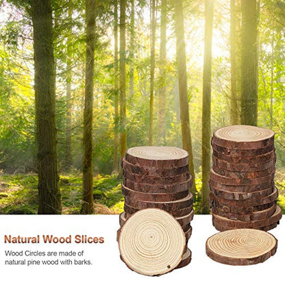ATDAWN Natural Wood Slices with Holes, 30 Pcs 3.1-3.5 Inches Unfinished Wooden Circles, Craft Wood kit, Christmas Ornaments DIY Crafts