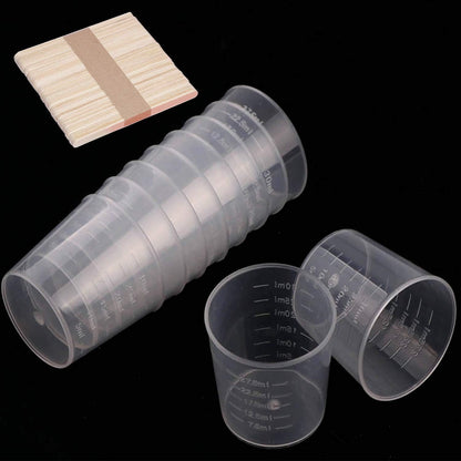 100 Pack 1oz/30ml Plastic Graduated Cups Transparent Scale Cups with 50 Pack Wooden Stirring Sticks for Mixing Paint, Stain, Epoxy, Resin