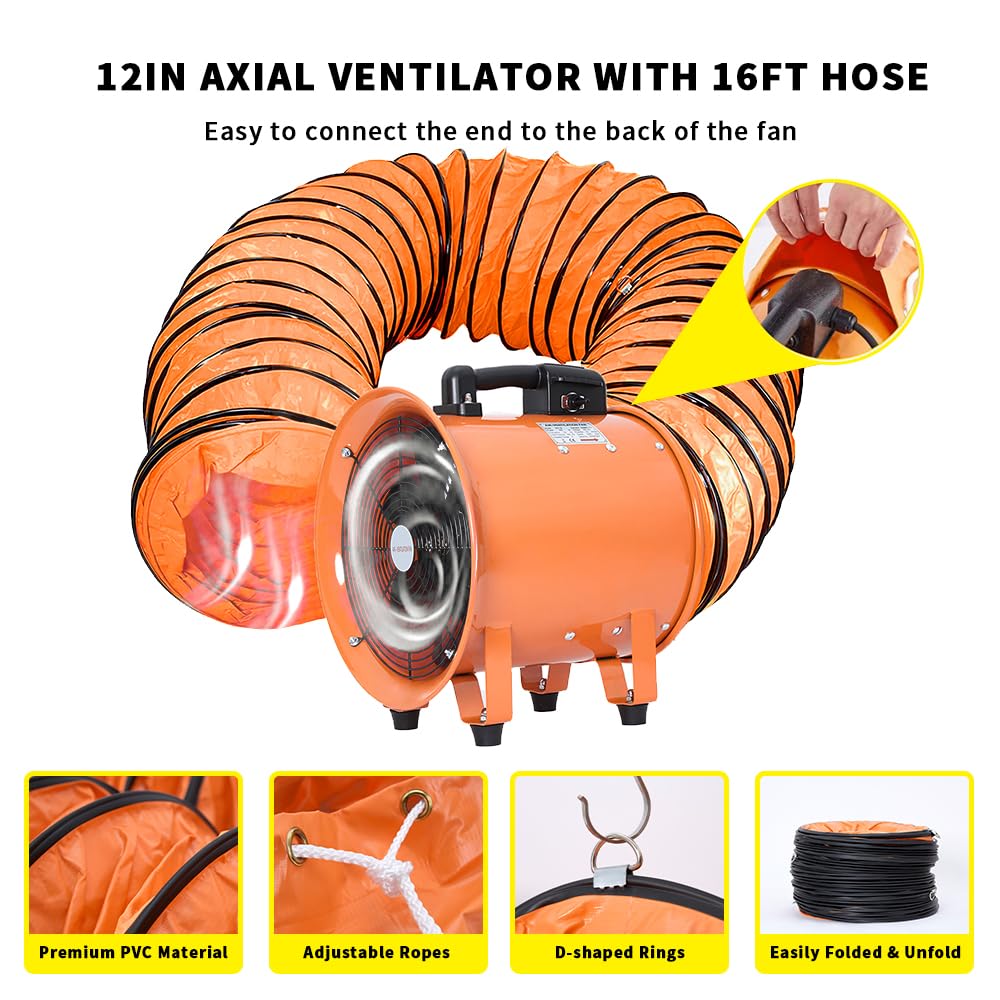Utility Blower Fan 12 Inch, 550W High Velocity Ventilator with Duct Hose, Low Noise Portable Ventilation Fan, Fume Extractor for Exhausting & FDTDUCT