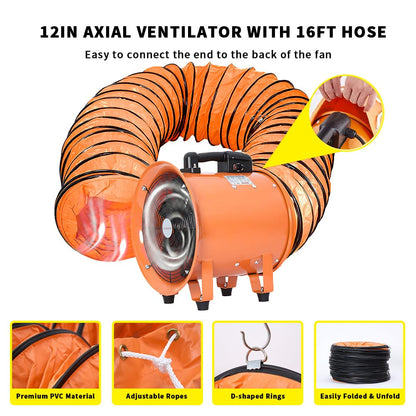 Utility Blower Fan 12 Inch, 550W High Velocity Ventilator with Duct Hose, Low Noise Portable Ventilation Fan, Fume Extractor for Exhausting & - WoodArtSupply