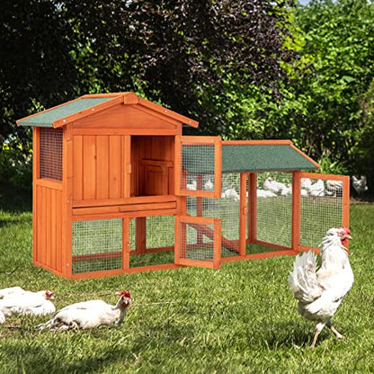 61" Wooden Chicken Coop Hen House,Chicken Coop,Wooden Rabbit Hutch Pet Cage Shelter Hen House with Waterproof Roof, Ladder,Ramps, Run, Nesting Box