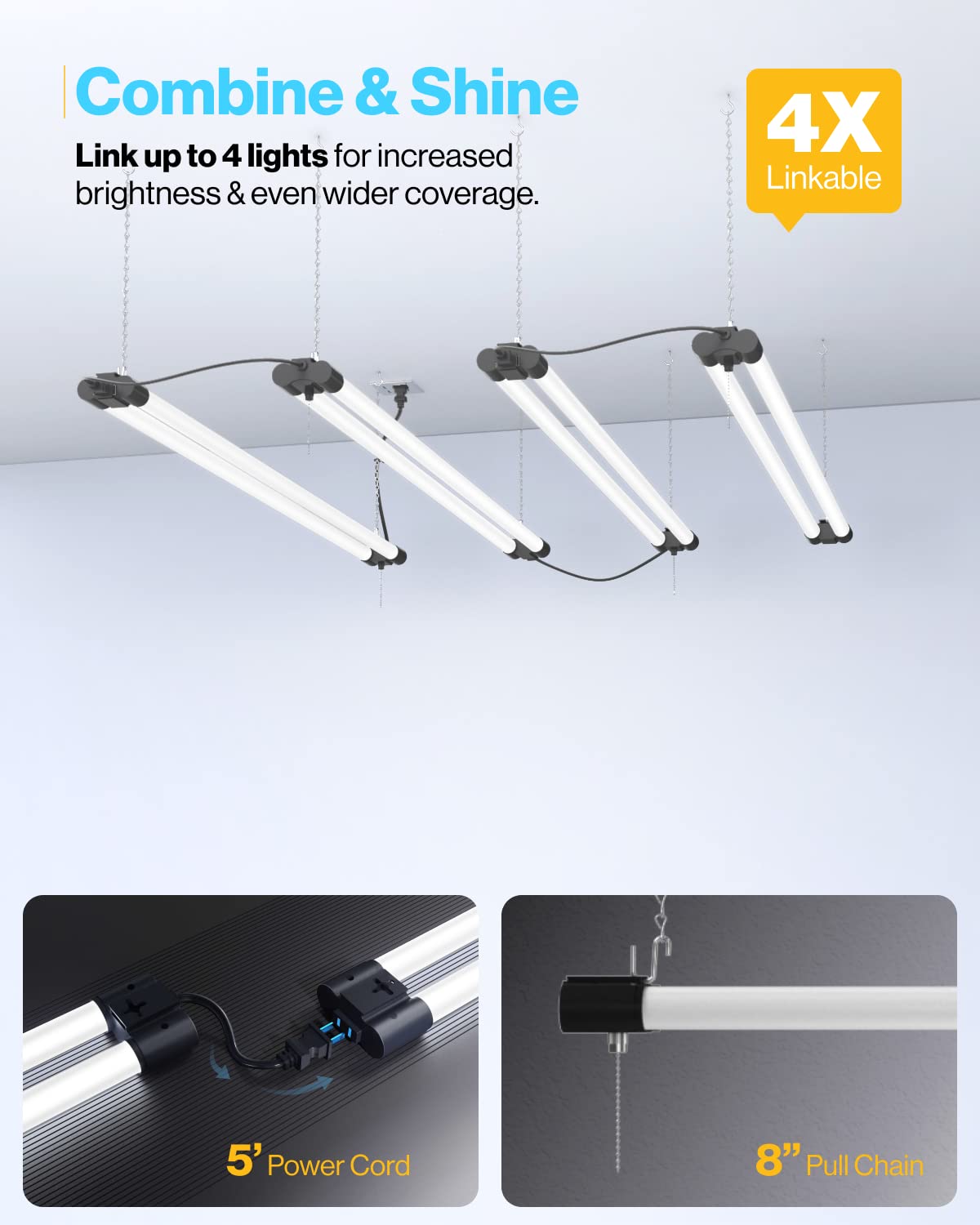 Sunco Lighting 2 Pack LED Workshop Garage Black Shop Light 4FT, Plug in Linkable Utility Light Fixtures, 260W=40W, 5000K Daylight, Frosted Lens, Pull Sunco Lighting