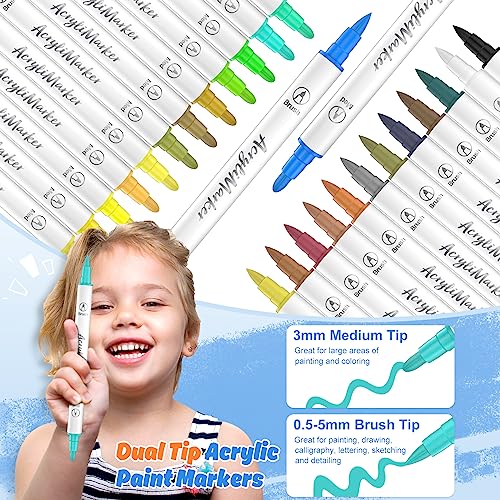 Banral 48 Colors Acrylic Paint Pens Markers, Dual Tip with Medium Tip and Brush Tip Paint Pens for Rock Painting, Stone, Wood, Calligraphy, Canvas, Banral