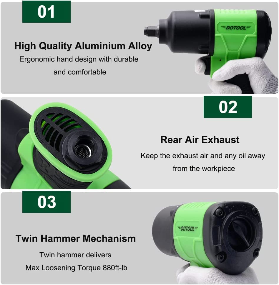 Dotool Air Impact Gun 1/2" Drive 880 ft-lbs with 3/8" Air Ratchet Wrench 50 ft-lbs Pneumatic Impact Wrenc 7800RPM Pneumatic Aluminum 160 RPM - WoodArtSupply