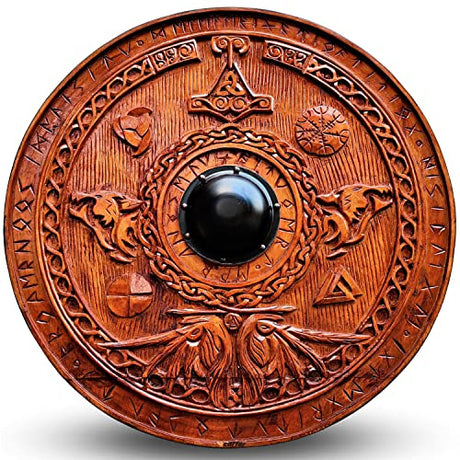 Carfar Medieval Vikings Era Full Adult Size 30inch Warrior Shield Handmade Natural Wood Carved Battle Play Halloween Cosplay (Leif Erikson) Carfar