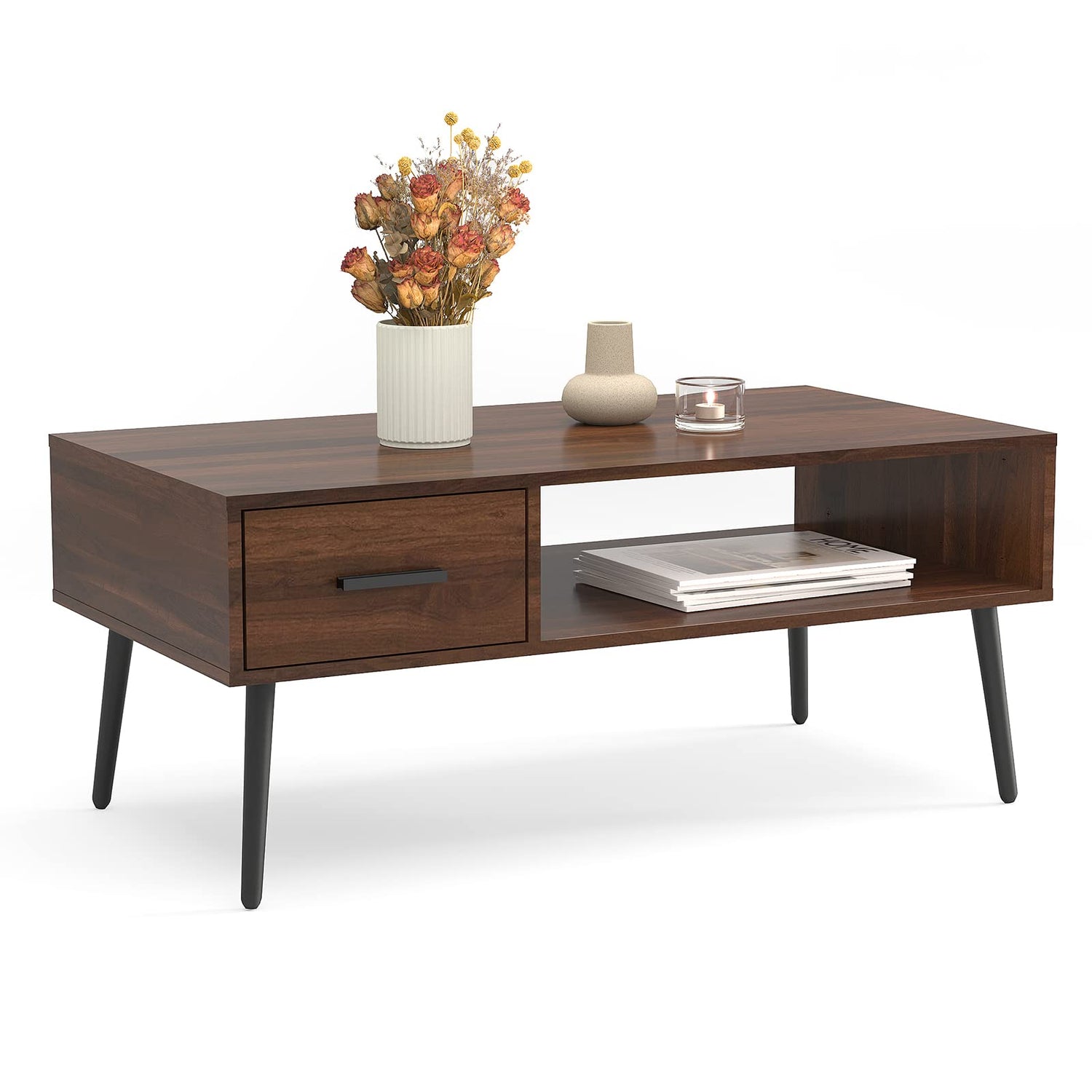 HAIOOU Coffee Table, Mid Century Modern Style Cocktail Table TV Stand with Drawer, Open Storage Shelf, Stable Floor-Anti-Scratching Pine Leg for HAIOOU