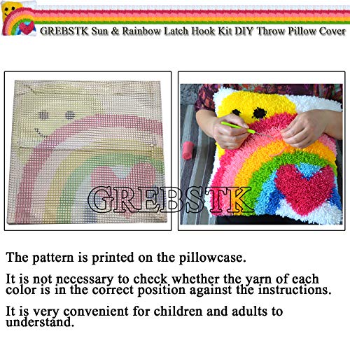 GREBSTK Latch Hook Kit DIY Throw Pillow Cover Sofa Cushion Cover Sun & Rainbow Pattern Paint Cross Stitch 16X16 inch GREBSTK