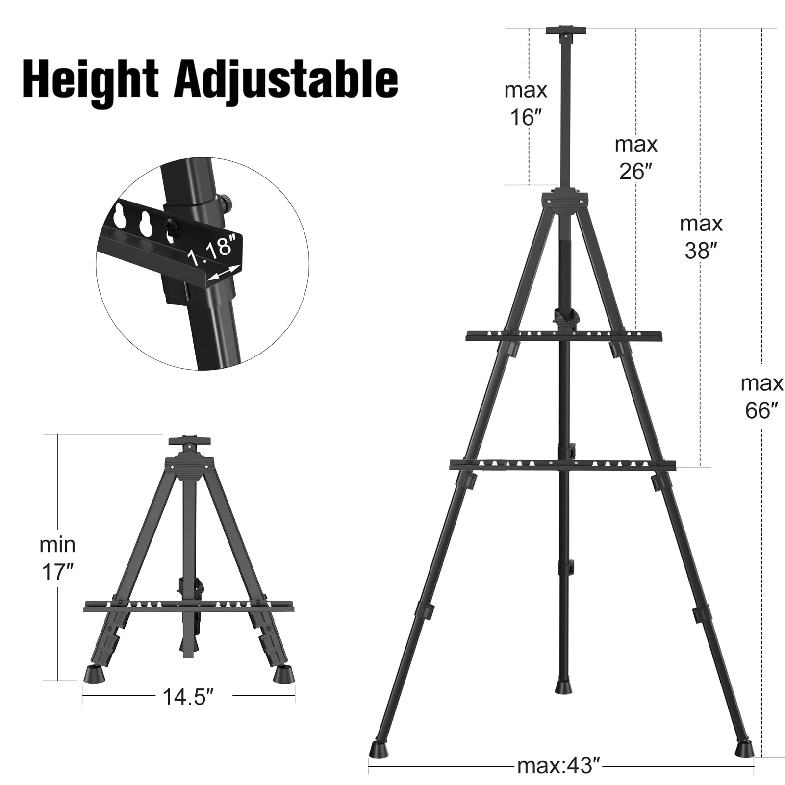 Art Painting Display Easel Stand - Portable Adjustable Aluminum Metal Tripod Artist Easel with Bag, Height from 17" to 66", Extra Sturdy for - WoodArtSupply