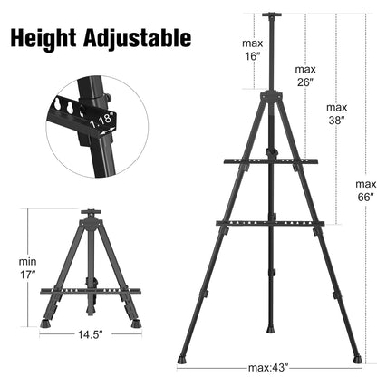 Art Painting Display Easel Stand - Portable Adjustable Aluminum Metal Tripod Artist Easel with Bag, Height from 17" to 66", Extra Sturdy for - WoodArtSupply