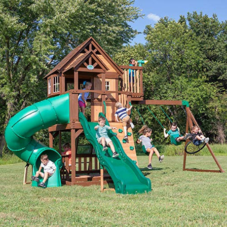 Backyard Discovery Skyfort All Cedar Swing Set, Elevated Covered Wood Roof Clubhouse with Bay Windows, 2 Belt Swings, Web Swing, 10ft Wave Slide, 5 Backyard Discovery