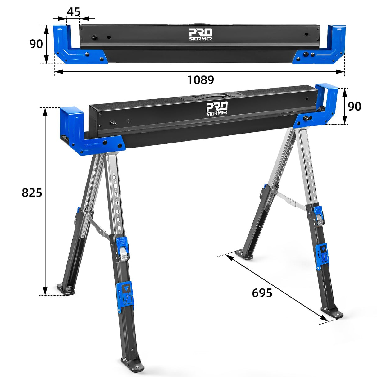 Prostormer Saw Horses 2 Pack Folding, Portable Heavy Duty Sawhorse with 2601 lbs Weight Capacity Per Pair, Adjustable Legs, Easy Carry Handle - Ideal Prostormer