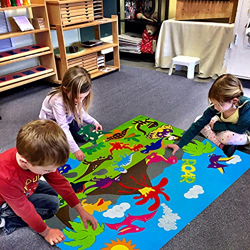WATINC Dinosaur Felt-Board Stories Set 3.5Ft 37Pcs Preschool Dinosaurs Classification Storytelling Flannel Roar Volcano Ancient Animal Theme Early WATINC