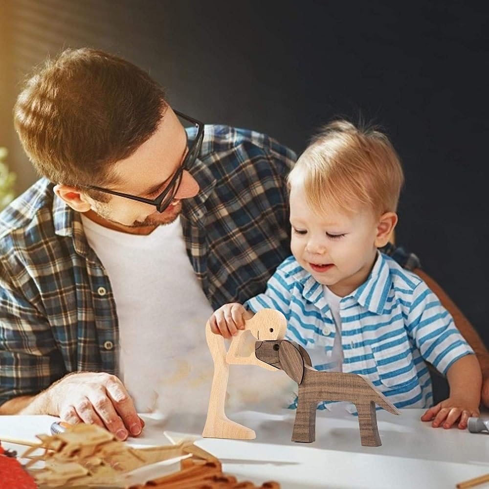 FHDTW Handmade Wooden Dog Unique Gift for Dog Lover, Wooden Man and Dog Carving Statue, Wood Dog Sculpture Home Office Tabletop Figurine Carved Wood FHTDW