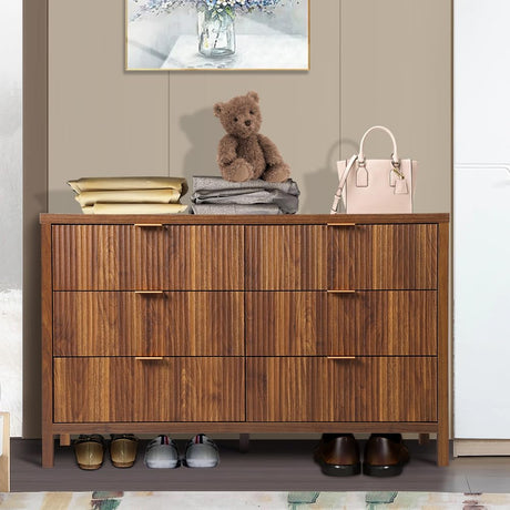 6 Drawer Dresser Cabinet, Long Nightstand with Drawers and Storage Cabinet, Farmhouse Solid Wood Dresser TV Stand, Mid Century Modern Nightstand with affeivul