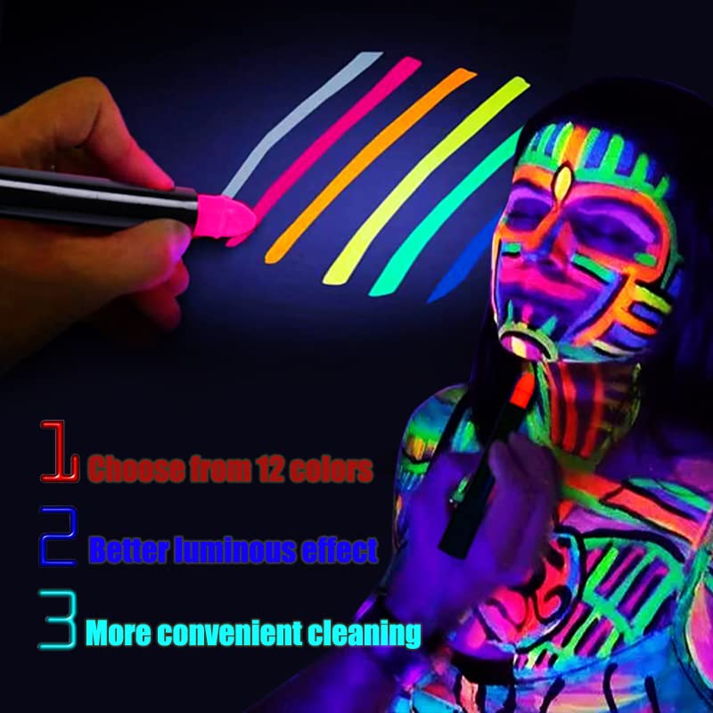 12 colors Glow in The Dark Body Paint UV Neon Face Paint Crayons Halloween Neon Face Painting Crayons Kit for Halloween Costume Holiday Birthday - WoodArtSupply