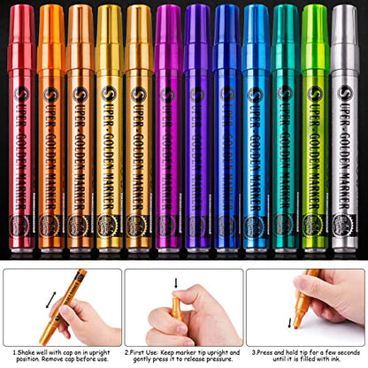 NiArt 12 Colors Super Golden Metallic Effect Acrylic Paint Pen Set Water-Based Quick-Drying Pigment Ink 2-3mm Fiber Tip Art Supplies for Artist - WoodArtSupply