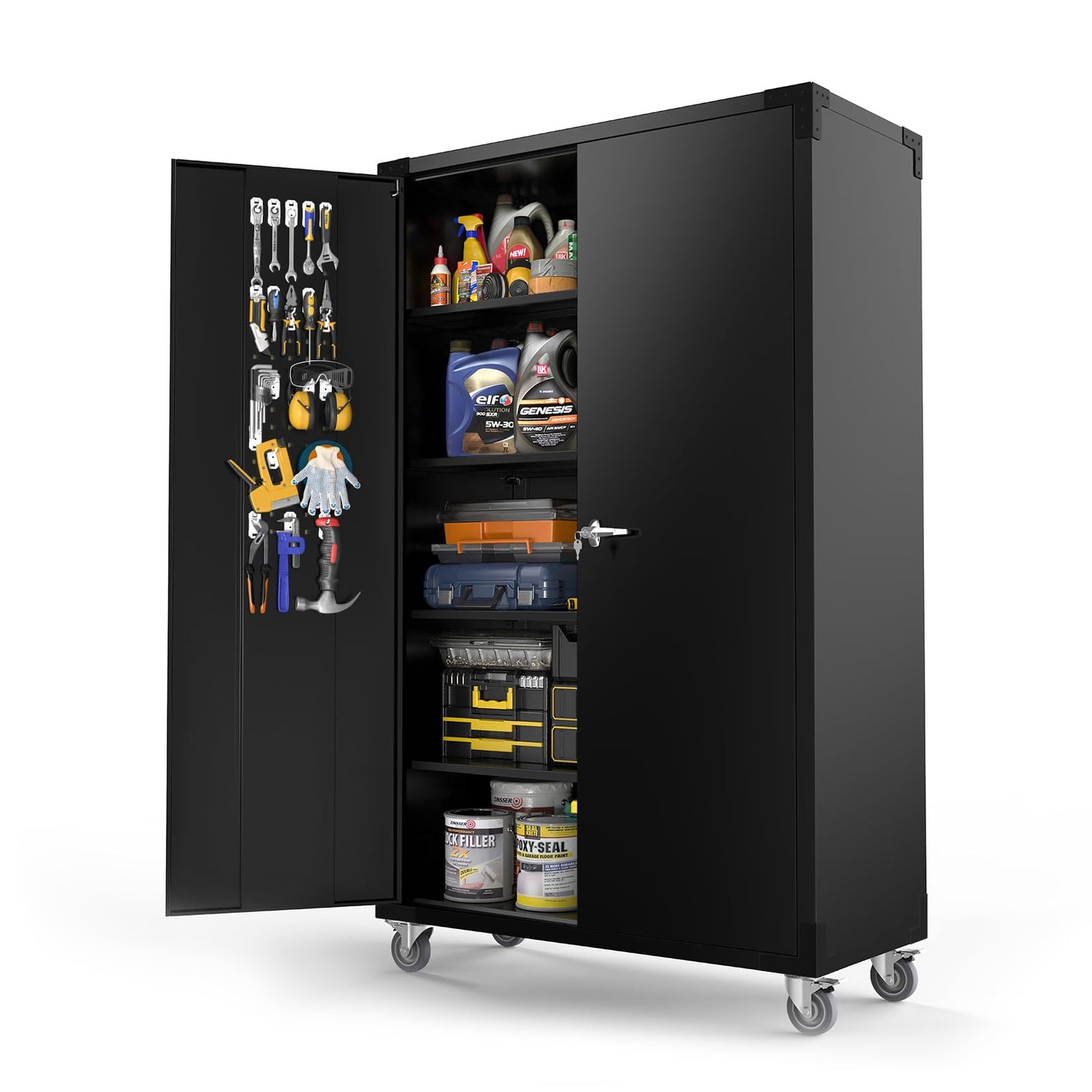 VINGLI Upgraded 72" Tall & Wide Metal Storage Cabinet with Pegboards in Doors and 4 Adjustable Shelves, Black Garage Cabinet and Storage System with VINGLI