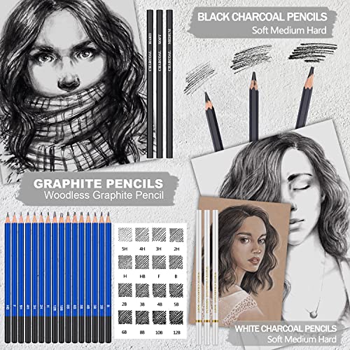 PANDAFLY 60 Pack Drawing Sketching Pencil Set, Pro Art Sketch Supplies with 3-Color Sketchbook, Graphite, Charcoal Pencil, Ideal for Shading, - WoodArtSupply