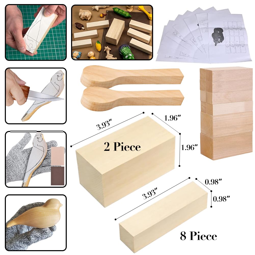 28-in-1Wood Carving Kit with Basswood Carving Blocks, Wood Carving Tools includes 3 Wood Carving Knives, 3 Detail Wood Carving Knife and 8 Wood gulrear